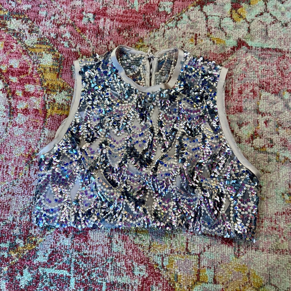 Zara Sequin Embellished Crop Top - Blue and Silver